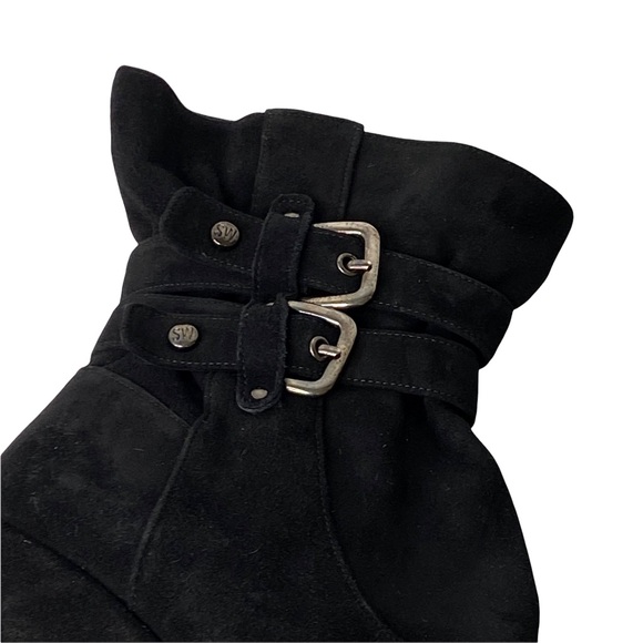 Stuart Weitzman Ruched Buckle Suede Wedge Black Booties Boots Size 8 - Picture 8 of 13